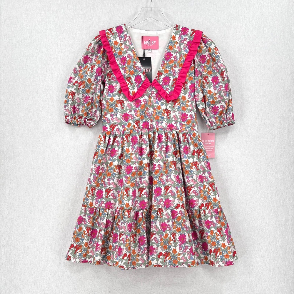 MOLBY THE LABEL Bertie Mini Dress Women UK 6 US 2 Pink Floral Print Cotton Smock